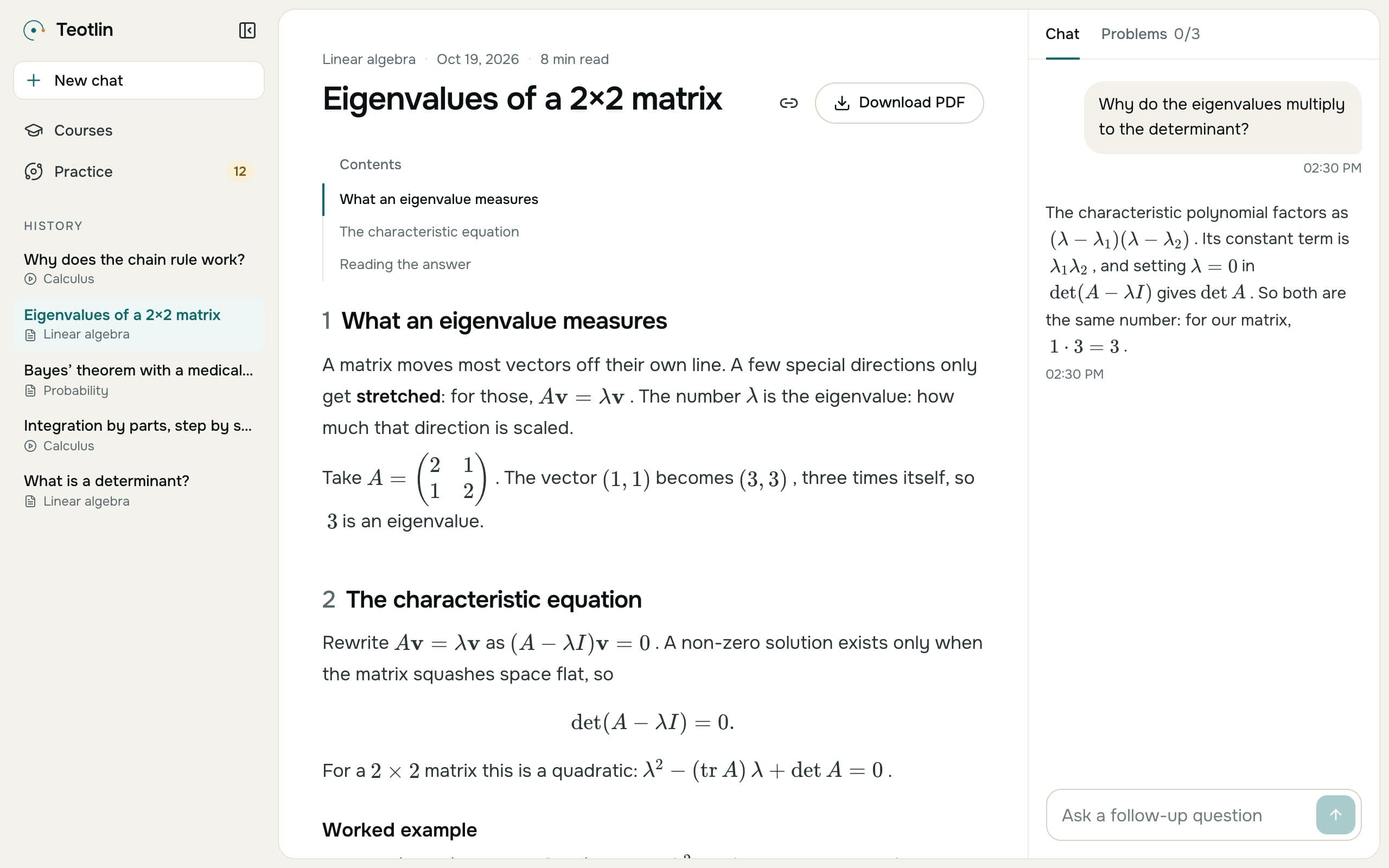 Teotlin chat page showing an article on eigenvalues with a tutor chat beside it